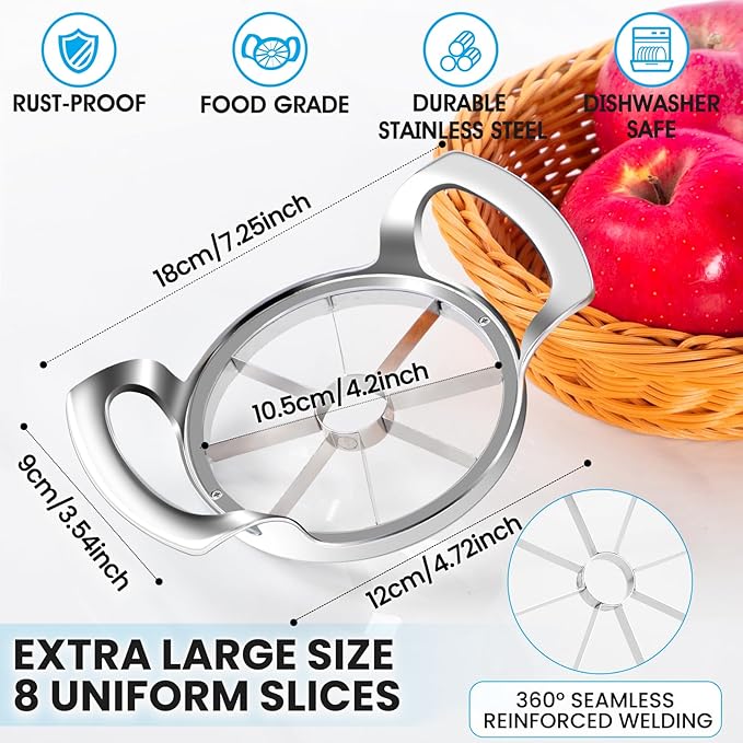 AUBENR 4.72 Inch Extra Large Apple Slicer with 8 Blades - Professional Heavy Duty Apple Cutter -304 Stainless Steel Apple Corer Tool - Sharp Apple Slicer and Corer - Easy to Use - Dishwasher Safe