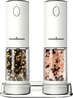 ThermoMaven Electric Salt and Pepper Grinder Set, 110ml Larger Rechargeable Automatic Salt and Pepper Mill Grinder with 6 Adjustable Coarseness, Electric Salt and Pepper Shakers, LED, Snow White