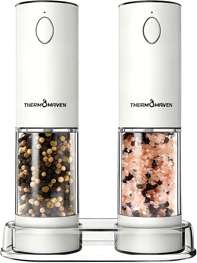 ThermoMaven Electric Salt and Pepper Grinder Set, 110ml Larger Rechargeable Automatic Salt and Pepper Mill Grinder with 6 Adjustable Coarseness, Electric Salt and Pepper Shakers, LED, Snow White