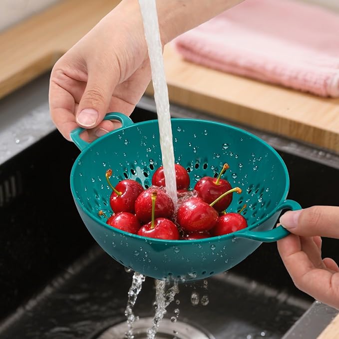 Noamus 8 Pack Mini Colander for Kitchen, 6 Inch Plastic Berry Bowl with Double Handles, Small Compact Food Strainers, Perforated Round Fruits Basket for Vegetables Pasta, BPA-Free, Food-Safe(8 Colors)