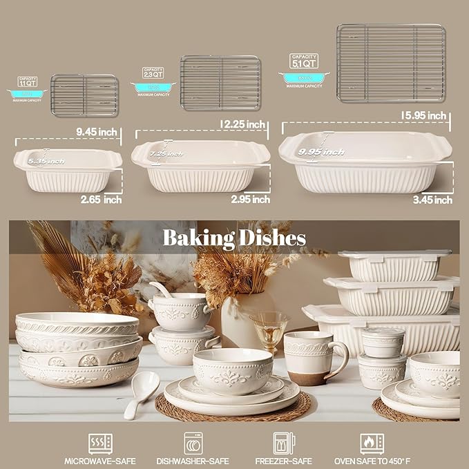 Artena Casserole Dishes For Oven, Ceramic Baking Dish, Large Lasagna Pan With Handles, Baking Pan Casserole Dish, Rectangular Bakeware Deep, White, Set Of 3 (5.1Qt/2.3Qt/1.1Qt) (Baking Dish With Rack)