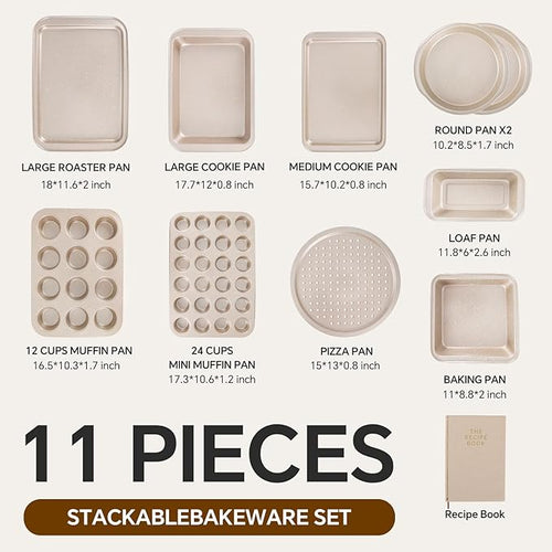 11 Piece Baking Set | Nonstick & Non Toxic Bakeware Sets Baking Pans Set | Carbon Steel Baking Supplies Include Notebook, Cookie Sheets, Roasting Pan, Muffin Pan, Cake Pan, Pizza Pan, Loaf Pan