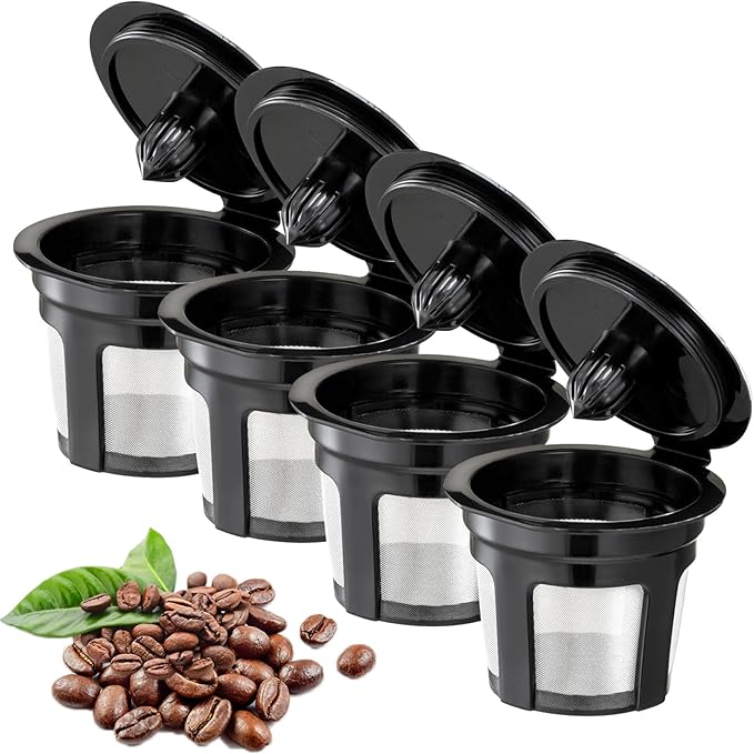 Reusable K Cups, Universal Fit Reusable Coffee Filters with Food Grade Stainless Steel Mesh Eco-Friendly Coffee Pods, for 1.0 and 2.0 Brewers (4)