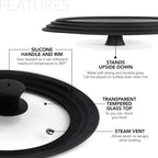 Modern Innovations Universal Lids (Set of 2) Fits 7 to 12-Inch Cookware, Silicone Replacement Pan Lid, Glass Top Covers for Skillets, Pots, Frying Pans, Cast Iron, CrockPot - Black