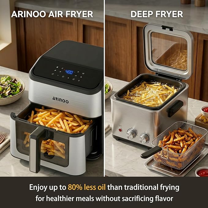 8 Qt Air Fryer Pro, 8-In-1 Air Fryer with Viewing Window, 360° Crispy, 80% Less Oil, Quiet, Nonstick Dishwasher-Safe Basket, 1500W, Recipe Book, Black