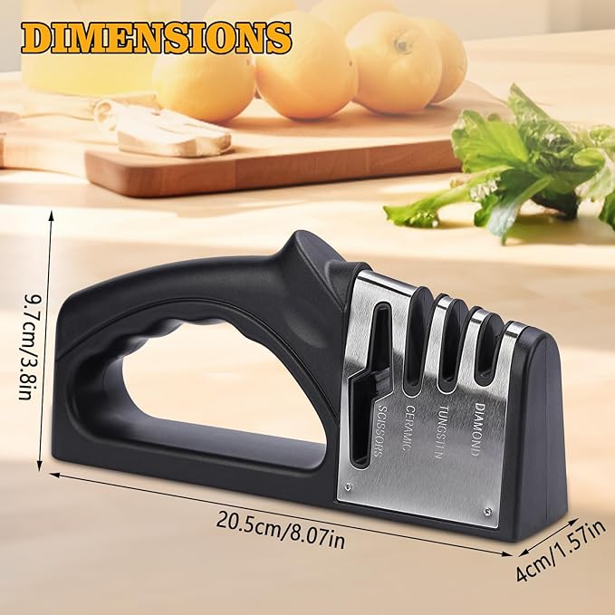 4-in-1Manual Knife Sharpener Suitable for kitchen knives, fruit knives, steel knives, scissors, and 3-level precision sharpening.Non slip base, suitable for home use (black) (2)