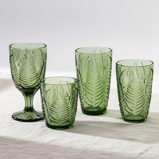 Green Drinking Glasses Set of 4, 12 oz Hand-Pressed Vintage Drinking Glasses, Deep Textured Antique Glassware, Fern Embossed Highball Tumblers, Colored Boho Glass Cups, Retro Style Drinkware Gift Set