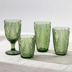 Vintage Green Drinking Glasses Set of 8, 12 oz Hand-Pressed Green Glass Tumblers, Deep Fern Embossed Antique Colored Glassware, Boho Style Textured Highball Cups, Retro Drinkware Gift Set for Home Bar