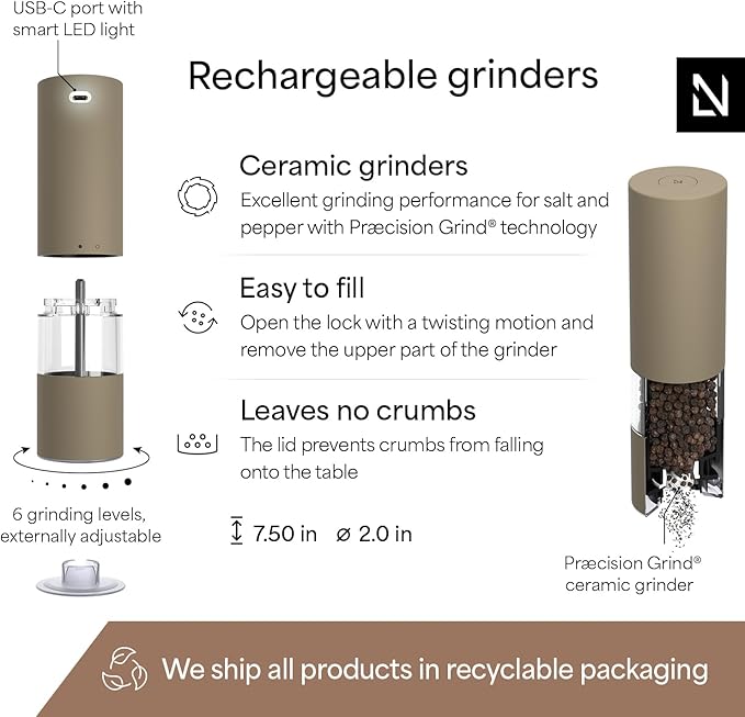 LARS NYSØM Electric Salt and Pepper Grinder Set I Automatic Salt and Pepper Mills with Adjustable Ceramic Grinder I USB Rechargeable Electric Spice Mill Set with LED Light (Taupe Brown)