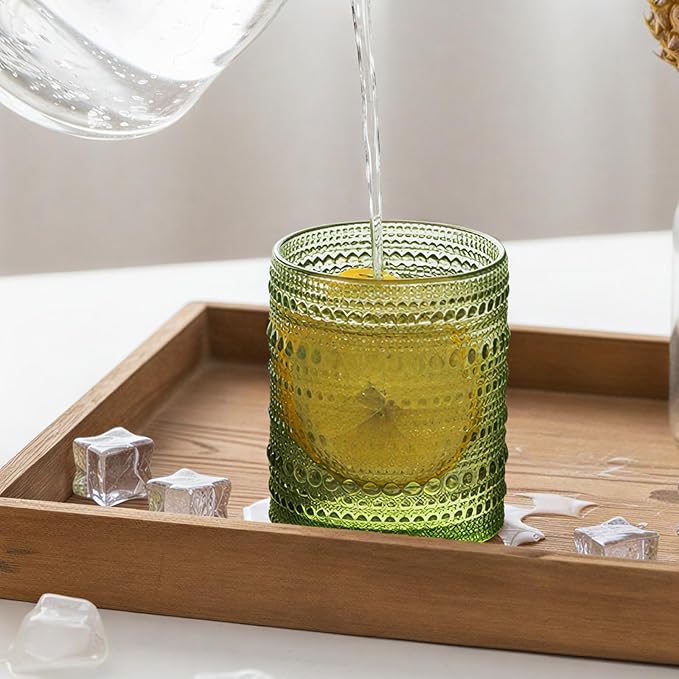 Moretoes Cocktail Glasses 10 oz Hobnail Drinking Glasses Set of 6, Vintage Glassware, Textured Glass Cups Bubble Glasses Water Glasses Old Fashion Jupiter Glasses Set (Green)