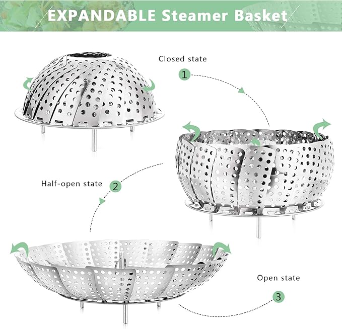 Buylorco Stainless Steel Folding Vegetable Steamer Insert for Veggie & Seafood Cooking (fits pots 5" to 9")