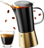 Stovetop Espresso Maker, Stainless Steel Moka Pot 6 Cup, Gold Espresso Maker (12 fl oz), Italian Coffee Pot, Compatible with Gas, Electric and Induction, Black & Gold Finish