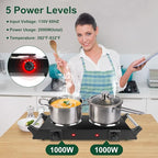 Electric Countertop Double Burner, 2000W Cooktop with Cast Iron Hot Plate & Stay Cool Handles, 5 Level Temperature Control, Easy to Clean, Indicator Lights, Cooking Stove for Office Home Camping RV
