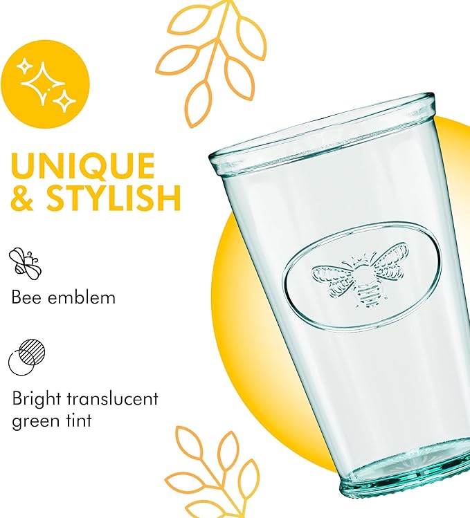 Amici Home Bee Hiball Glass | 16 Oz | Italian Made, Recycled Glass with Green Tint | Drinking Glass with Embossed Bee Design for Water, Juice, Cocktails (Set of 6)