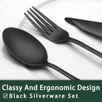 EWFEN 24-Piece Black Silverware Set with Steak Knives, Black Flatware Set for 4, Food-Grade Stainless Steel Tableware Cutlery Set, Mirror Finished Utensil Sets for Home Restaurant, Square Edge