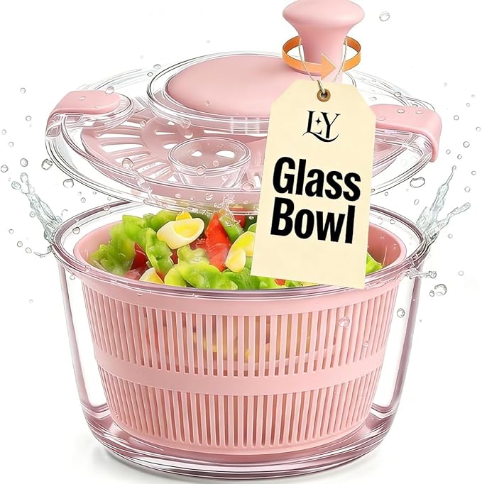 Good Grips Large 5.2 Qt Glass Salad Spinner Vegetable Dryer with Drain Dishwasher Safe with Transparent Lid Crank Handle Quick Spin Greens Washer for Lettuce Herbs Fruits Pink