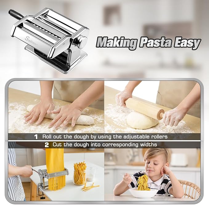 Sailnovo 3 in 1 Pasta Maker Machine - 9 Adjustable Thickness Settings Aluminum Alloy Pasta Roller & 2 Width Cutters for Fresh Spaghetti, Fettuccini, Lasagna, Dumplings - Stainless Steel, Silver