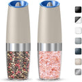 Gravity Electric Salt And Pepper Grinder Set, Automatic Salt And Pepper Grinder Set, Battery Powered (6 AAA Batteries Each), Adjustable Roughness, LED Light, 2 Pack, (Khaki)