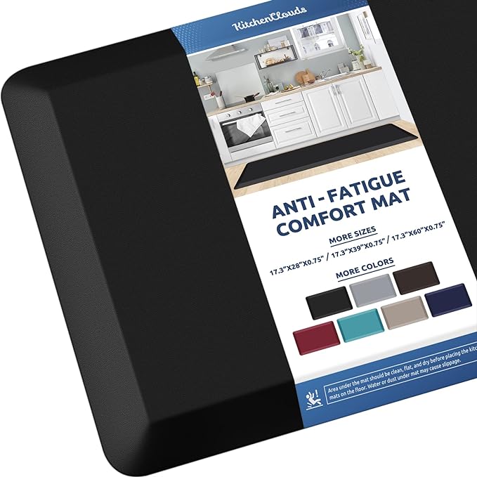 KitchenClouds Kitchen Mat Cushioned Anti Fatigue Kitchen Rug 0.8inch Water Resistant Non Slip Kitchen Rugs and Mats Standing Desk Mat Comfort Floor Mats for Kitchen Sink Office (17.3"x60",Black)