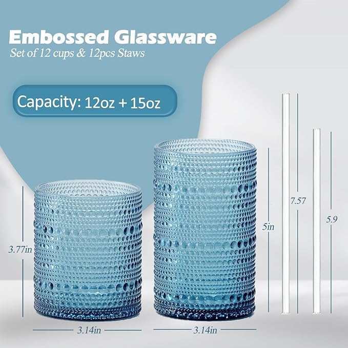 Hobnail Drinking Glasses with Straws, 15oz&12oz Vintage Glassware Set of 12, Blue Hobnail Glassware Embossed Vintage Water Cups, Highball Glasses for Cocktail,Whiskey,Beer and Juice