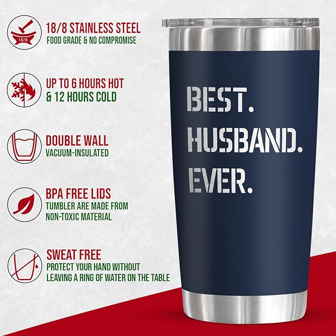 TEEZWONDER Christmas Anniversary Birthday Gifts for Husband from Wife - Stainless Steel Insulated Coffee Tumbler with Lid 20 oz - Anniversary Wedding Gifts for Him Men, Cool Stuff for Men