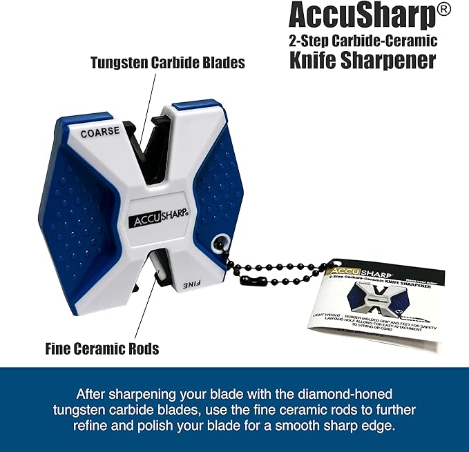 AccuSharp Pull Through Knife Sharpener Keychain, 2-Stage Sharpener for Straight or Serrated Kitchen Knives, Handheld Tool for Fishing & Hunting, White/Blue