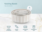 KooK Serving Bowls, with Lids, Ceramic Nesting Bowls, Set of 4, Embossed, Kitchen, Prep, Stackable, Gift, Microwave and Dishwasher Safe, 10/16/29/47 oz, Narbonne Collection (Ivory)