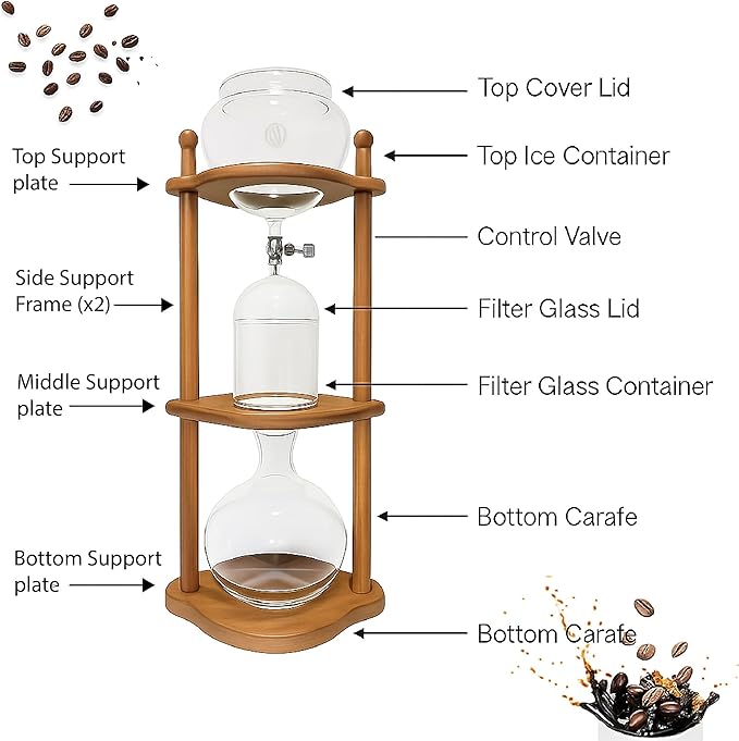Nispira Cold Brew coffee Maker Ice Coffee Drip Machine with Advanced Slow Drip Technology Borosilicate Glass with Wood Tower, 6-8 Cup, Brown