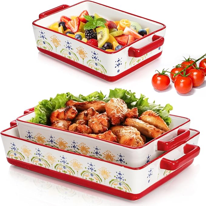 WRINGKIT Set of 3 Ceramic Baking Dishes, Rectangular Casserole Dish for Oven, Ceramic Bakeware Lasagna Pan Deep with Handles for Cooking, Baking, Wedding Gift, 3 Sizes (12''/10.7''/7.7''), Red