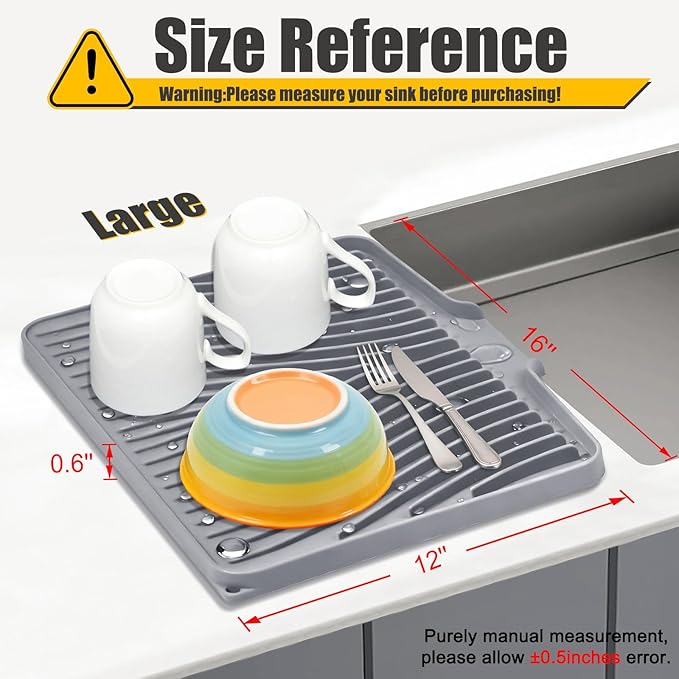 TIKNIK Silicone Dish Drying Mat, Stone Drying Mat for Kitchen Counter with Built-In Drain, Non-Slip Drain Pad with Built-in Drain, Heat Resistant Stone Drying Mat, Hangable, Grey-1pcs, 16" x 12"