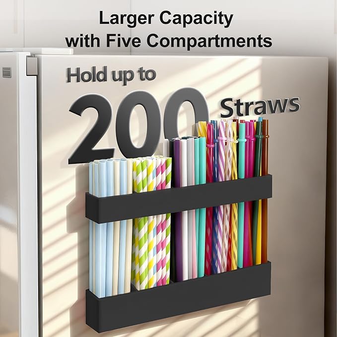 9.5” Large Acrylic Straw Holder for Cabinet Door, Reusable Adjustable Two-Part Straws Organizer with Ultra Sticky Adhesive Strips, 2026 Straw Storage for Kitchen Cupboard (Black)