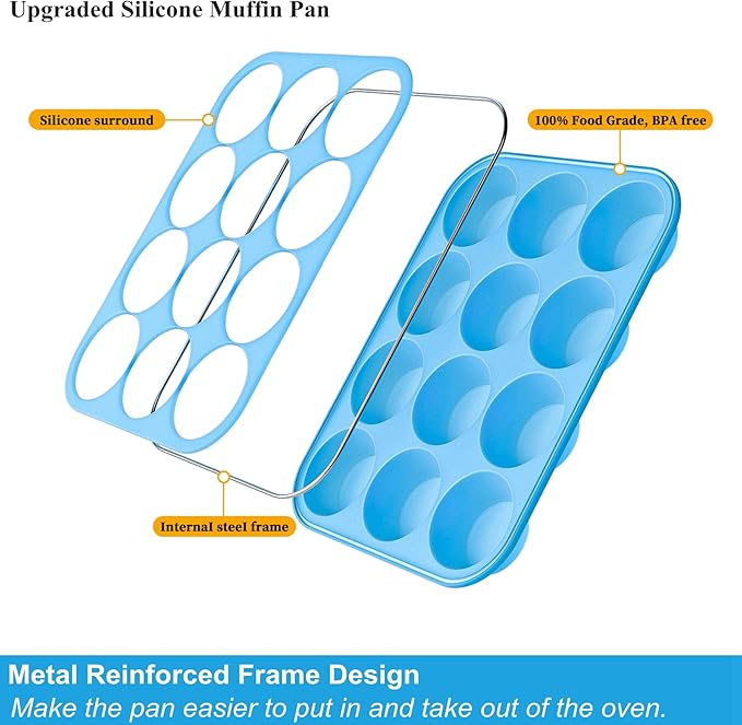 Bangp 2Pack Silicone Muffin Pans for Baking with Metal Reinforced Frame,12 Cup Regular Size Cupcake Pan,Premium Non-Stick Bend Resistance Silicone Muffin Tray for Pudding,Cakes,Tart,Egg Bites(Blue)