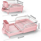 SAYZH Dish Drying Rack - Expandable Dish Rack for Kitchen Counter, Rust-Resistant Dish Drainer with Utensil Holder and Raised Guardrail, Kitchen Organizer for Cup and Bottle (Pink)
