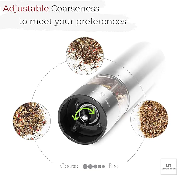Electric Salt and Pepper Grinder Set - Stainless Steel Battery Operated Salt & Pepper Mills with Light (Pack of 2) - Automatic One Handed Operation Adjustable Ceramic Grinders