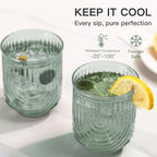 JOVGANK Green Vintage Glassware Set of 6-14Oz Green Water Drinking Glass, Art Deco Ripple Highball Glass, Whiskey Cocktail Glasses, for Bar Ice Coffee Juice, Housewarming Gifts and Mother's Day Gift