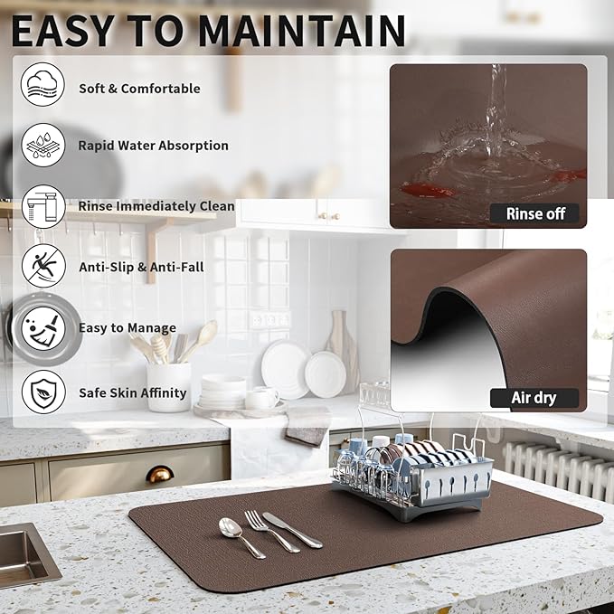 HotLive Dish Drying Mat for Kitchen Counter, Heat Resistant Drainer Mats with Non-slip Rubber Backed, Hide Stain Kitchen Super Absorbent Draining Mat, Easy to Clean Dish Rack Pad, Brown 16"x18"