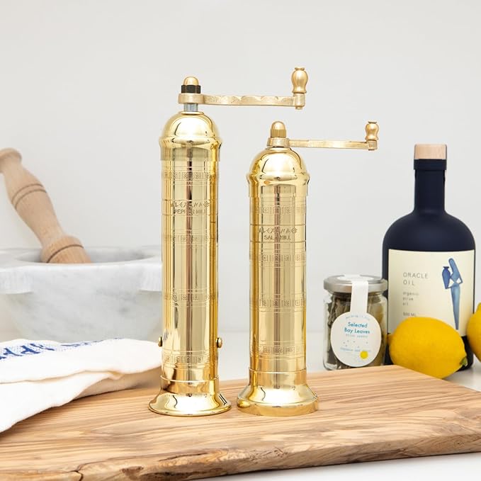 Alexander Home The Original Greek Pepper Mill 10 Inch Tall | European Pepper Mill Grinder with Crank Handle | Manual Pepper Grinder | Peppercorns Refillable - Brass