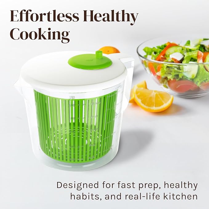 Cooler Kitchen Small Salad Spinner — Mini Lettuce Spinner and Dryer with Measuring Cup Bowl — Compact Veggie & Fruit Washer, Salad Dryer Spinner — Dishwasher Safe, BPA-Free
