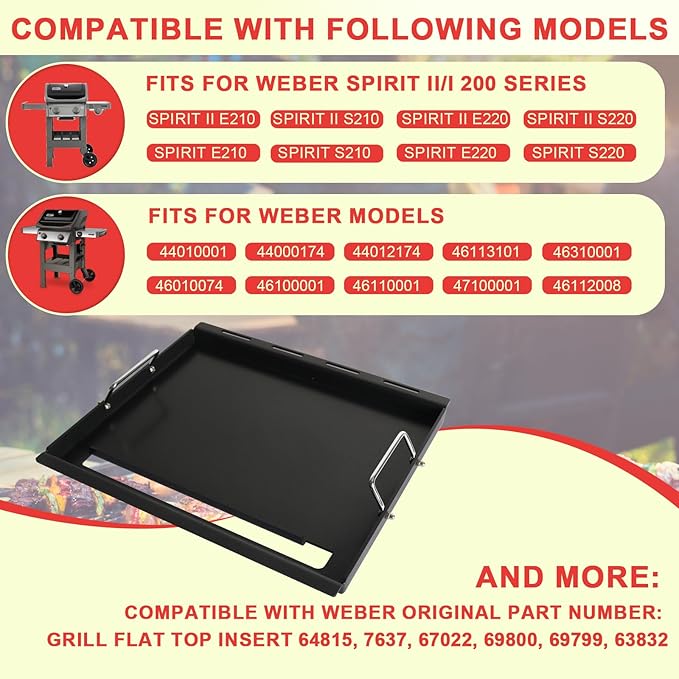 Spirit 200 Full Size Griddle Inserts for Weber GS4 Spirit II & I 200 Series 2-Burner E-210 E-220 S-220 S-210 S-215 Gas Grill Parts, Carbon Steel Flat Top Griddle Plate for Weber 7637 64815 Grate