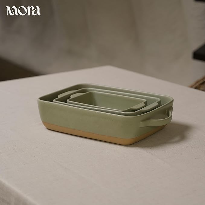 Mora Ceramic Set of 2 Baking Dishes For Casserole, Banana Bread, Brownies, Broiling, Roasting, and Baking. 7x11 in and Loaf Pans - Porcelain Serving Bakeware from Oven to Table. Freezer Safe - Thyme