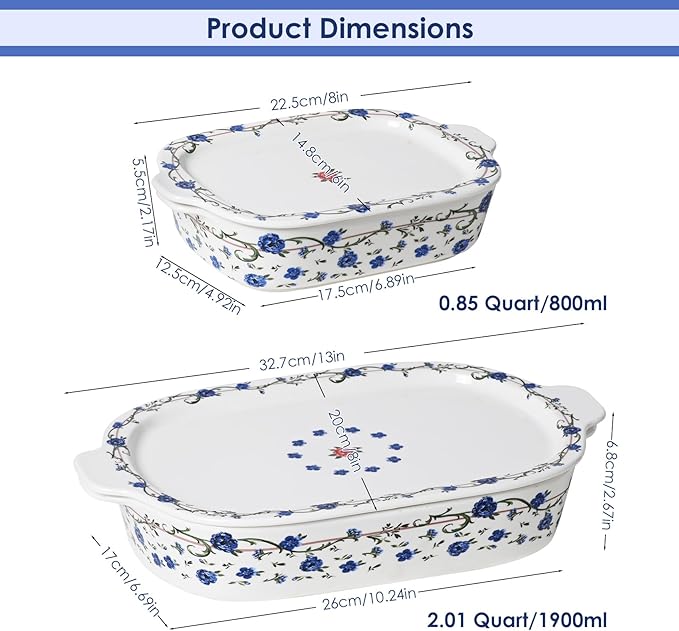 ACMLIFE Ceramic Casserole Dish with Lids for Oven, Large Baking Dish with Lid and Small Ceramic Casserole Dishes with Lid, Bakeware Set Baking Pan Lasagna Pan with Lids & Handles 4 Pcs Set (13x8 Inch+ 8x6 Inch, 2.01 Quart+0.85 Quart, Blue and White), C...