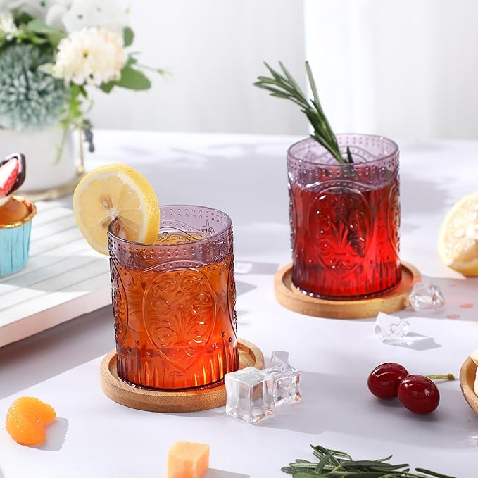 Qinyoung 24 Plastic Vintage Drinking Glasses 8.5oz Stemless Retro Embossed Wine Glasses Shatterproof Reusable Cups for Baby Shower Wedding Reception Grand Event Party (Purple)