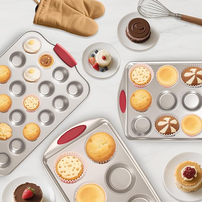 24 Cup Mini Cupcake Pan with Silicone Handles, Non-Stick Mini Muffin Pan, Baking Molds for Mini Cupcakes, Muffins, Quiches, Carbon Steel Mini Baking Pan, Dishwasher Safe (2 Pack)