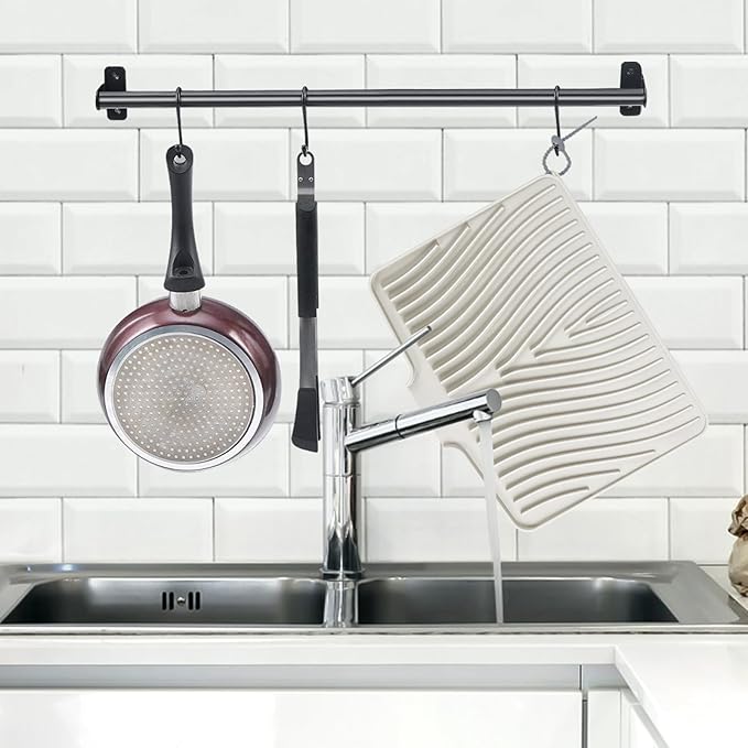 TIKNIK Silicone Dish Drying Mat, Stone Drying Mat for Kitchen Counter with Built-In Drain, Non-Slip Drain Pad with Built-in Drain, Heat Resistant Stone Drying Mat, Hangable, Cream-2pcs, 20" x 15"