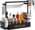 Grill Caddy, BBQ Caddy with Paper Towel Holder for Plate Cutlery, Flatware Caddy Picnic Condiment Caddy with 4 Hooks, Grill Utensil Caddy for Outdoor Barbecue Accessories Organizer