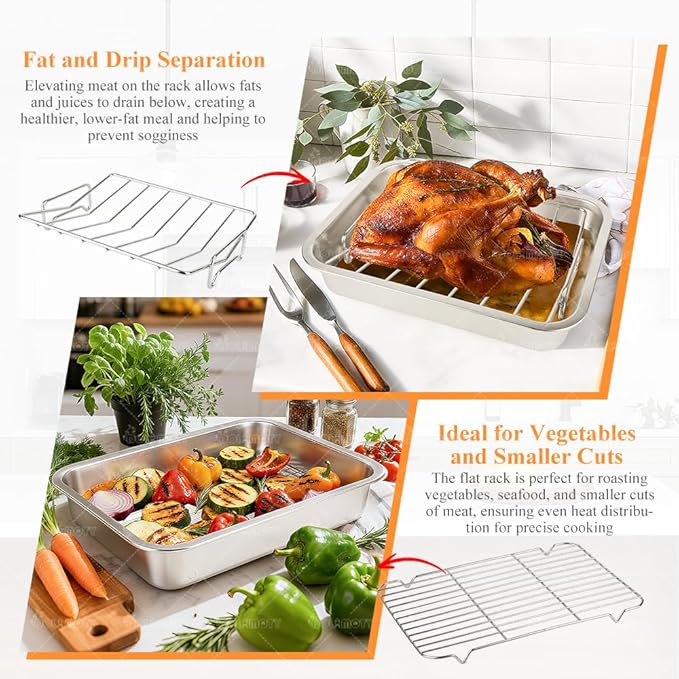 Stainless Steel Turkey Pan, Turkey Roasting Roaster pan with V rack for Oven, for Smoking and Grilling Chicken, Bird, and Pork, Cooking Rack with 15.5*11.6*2.8 inch Roasting Tray for Grill and Smoker