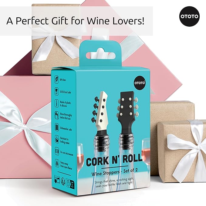 OTOTO Cork n' Roll Wine Stoppers – Set of 2, Bass & Guitar Shaped, Fun and Functional Wine Bottle Corks