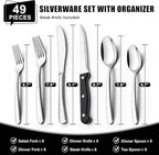 49-Piece Silverware Set with Organizer, Heavy Duty Stainless Steel Flatware Set for 8, Cutlery Utensil Sets with Steak Knives, Rust-proof, Mirror Polished, Dishwasher Safe, Heavy Duty