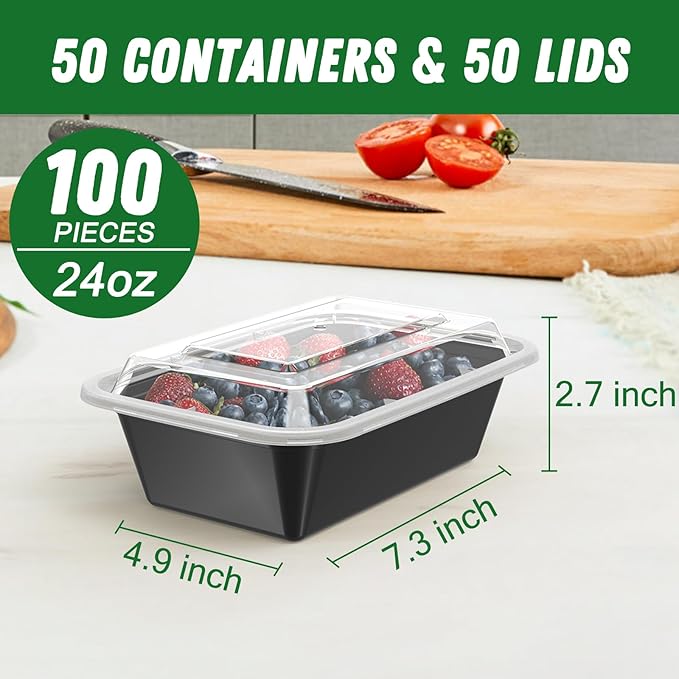 50 Pack (100-Piece) 24 oz Meal Prep Containers Reusable with Lids, Sturdy Leakproof & Food Safe, Microwave, Freezer, Dishwasher Safe Prep Containers, To Go Take Out Plastic Food Storage