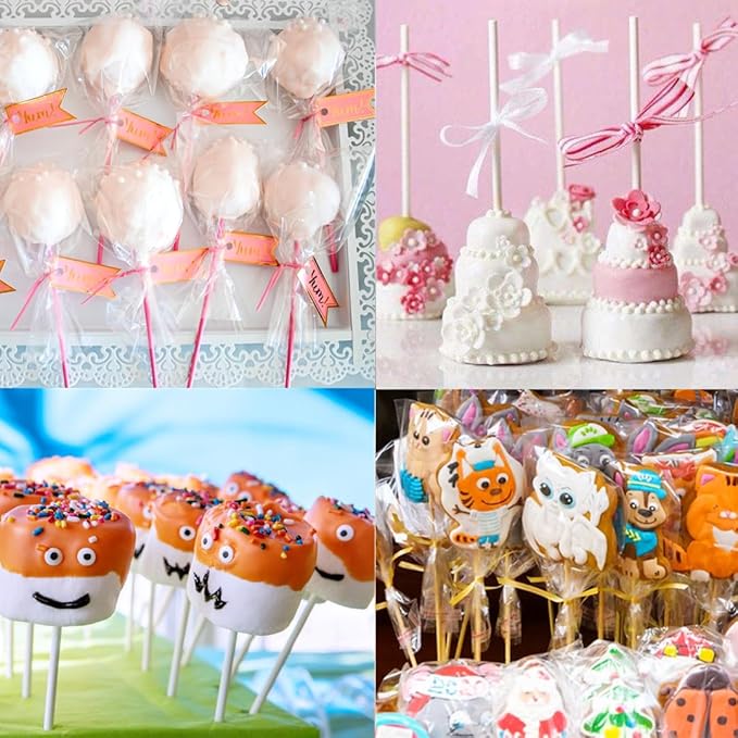 360pcs Cake Pop Sticks and Wrappers Ties Kit, Including 120ct 6-inch Paper Lollipop Stick, 120ct Cake Pop Parcel Bag, 120ct Gold Twist Tie for Candy Making Packaging Supplies